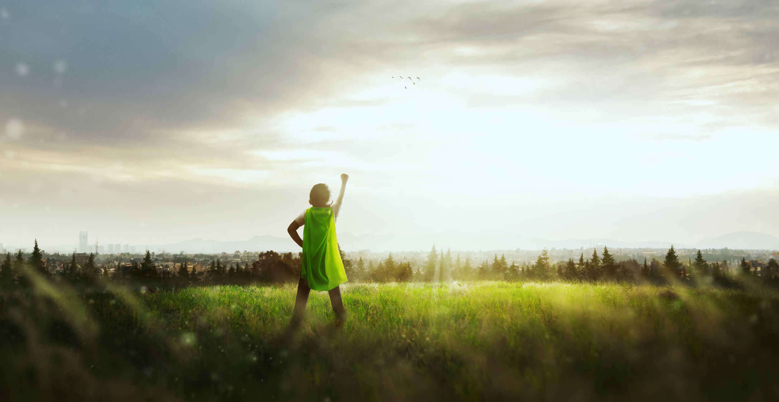 Little boy wearing a green superhero cape punching the sky in a field