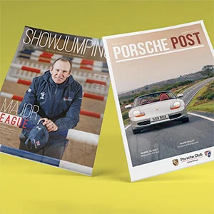 Covers of Showjumping and Porsche Post magazines on yellow background 